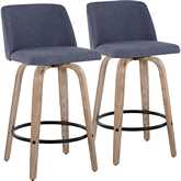 Toriano 26" Swivel Counter Stool in White Washed Wood & Blue Fabric with Black Footrest (Set of 2)